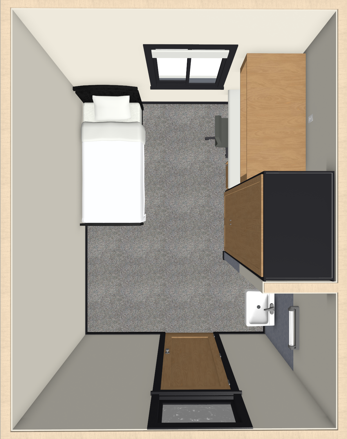 Top view of a small bedroom with a single bed, wooden cabinets, a desk with a chair, a washbasin, and a door. The room has carpeted flooring and a window opposite the door.